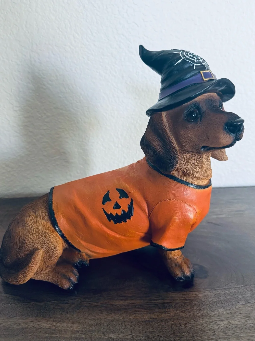 Halloween Dachshund Witch Pumpkin Dog Statue Decor